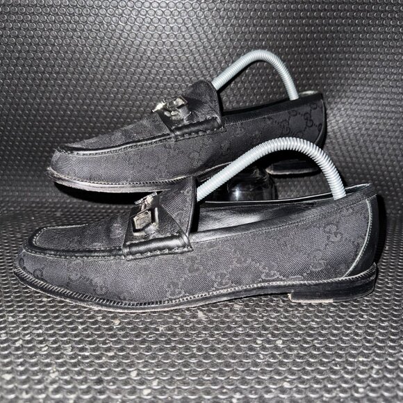 Gucci Horsebit Black Canvas Logo Designer Loafers Shoes Womens Size 39.5 (9.5) - Picture 1 of 11